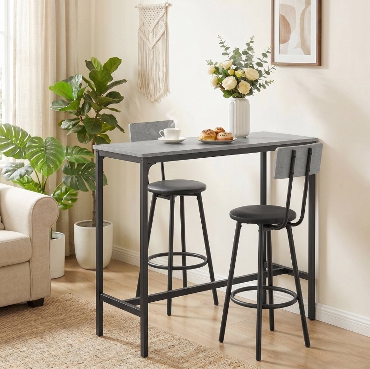 OKWISH Bartafel En Stoelen Set - Modern - 1 Tafel En 2 Barstoelen - Voor Kleine Ruimtes - Grijs Metaal - 100 x 40 x 90,5 Cm