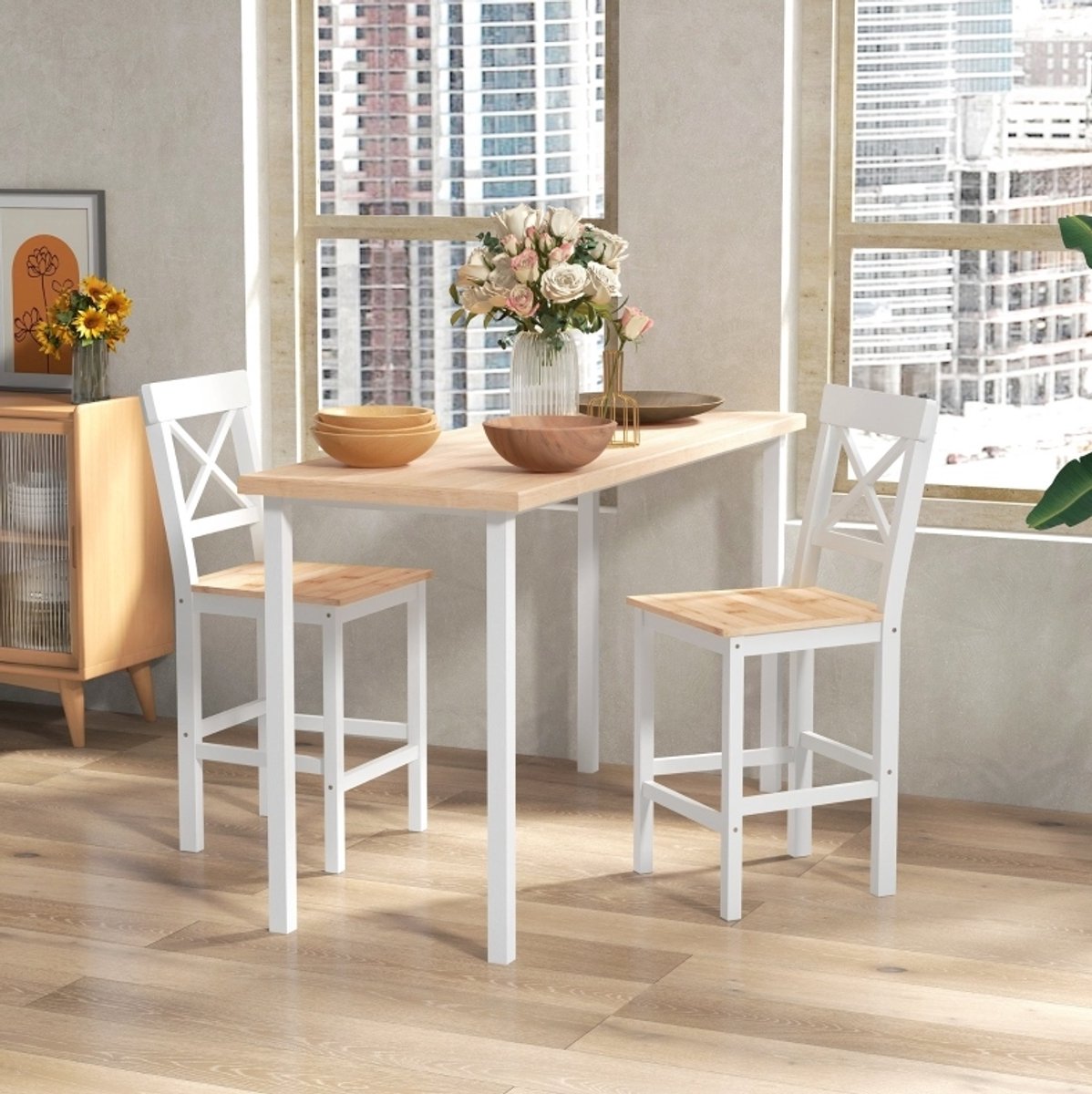 DESMIU Barkruk - Set van 2 - 41 x 46 x 97,5 cm - Met Rugleuning En Voetsteun - Voor Keuken En Bar - Hout - Natural