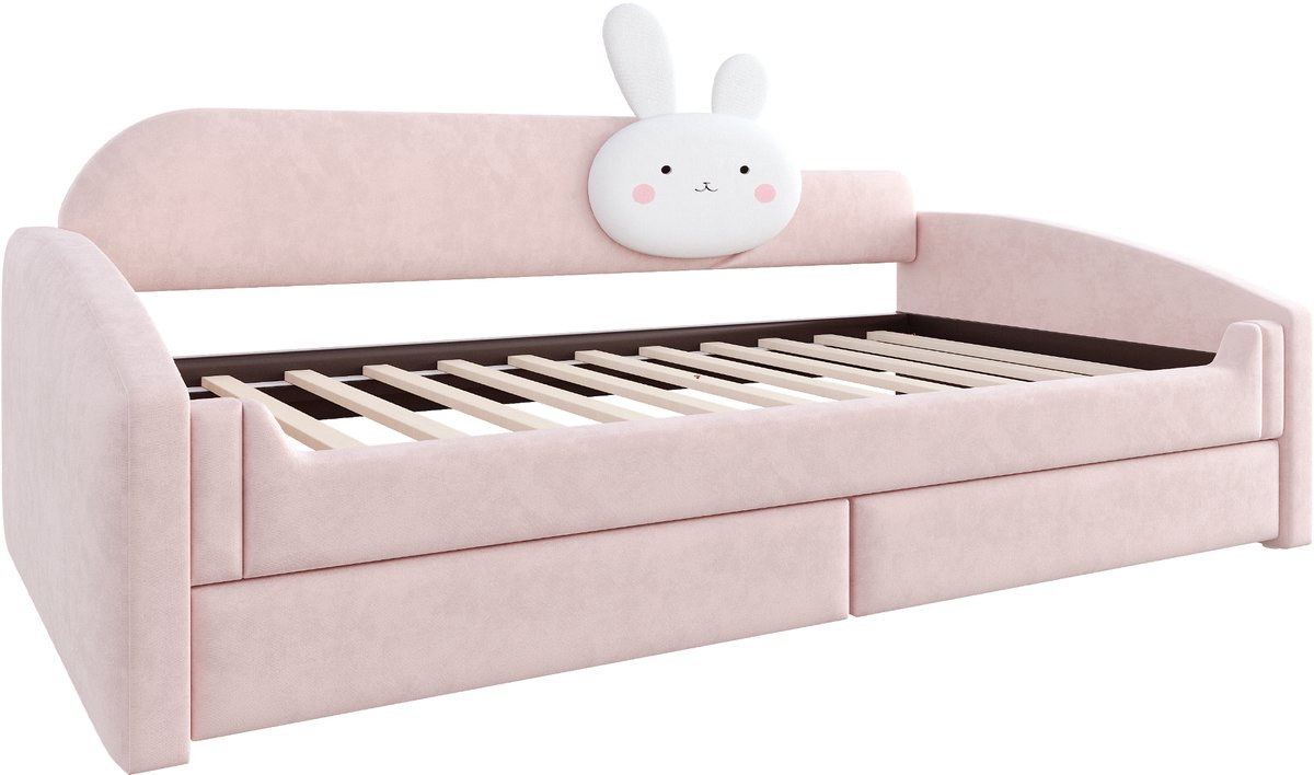 WUVRIE Bedbank 90x200 cm met lades, LED en konijnenkussen, fluweel roze voor kinderkamer