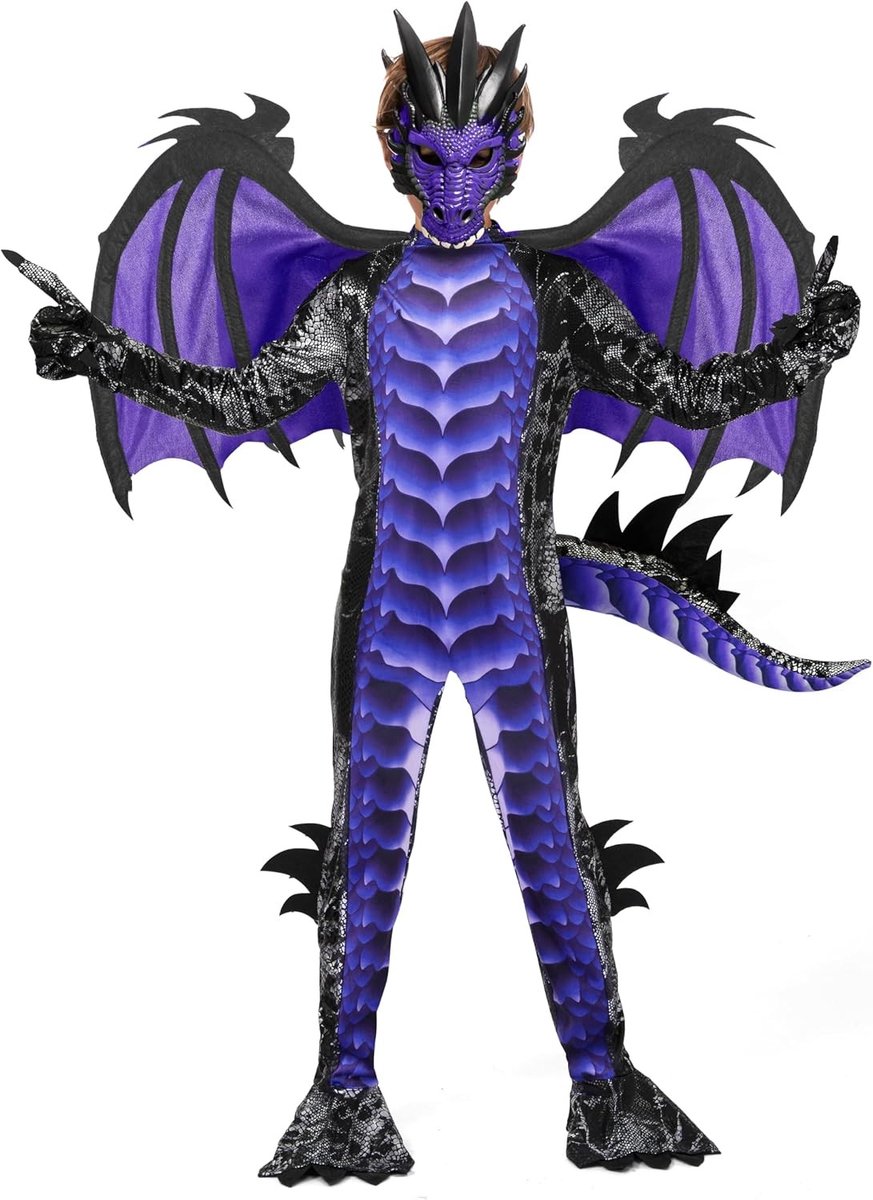 Halloween Kostuum voor Kinderen - Paarse Draak met Vleugels, Staart en Masker voor Feestelijke Verkleedpartijen - XL Maat