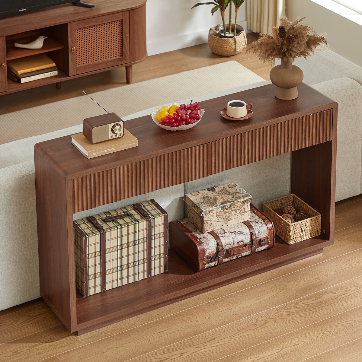 Wishdor Consoletafel - Modern geribbeld ontwerp - 2 lades en open vak - Hal woonkamer - Houtlook walnoot - Voor smalle ruimtes - 150 x 35 x 85 cm