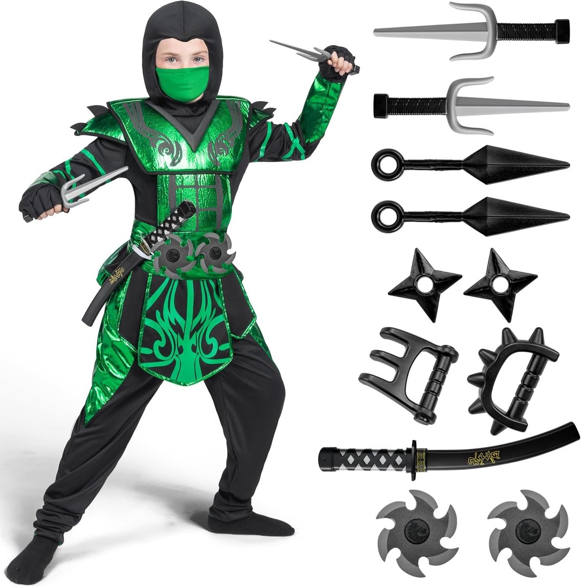 Halloween Ninja Kostuum voor Jongens - Groene Ninja Outfit voor Kinderen, Perfect voor Feestjes en Verkleedpartijen, Maat S (5-7 Jaar)