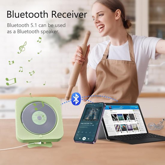 Draagbare cd-speler met Bluetooth - desktop cd-speler voor thuisgebruik, cd-muziekspeler met afstandsbediening, timer, ingebouwde dubbele luidsprekers met led-display, home audio boombox met FM-radio (groen) — afbeelding 5