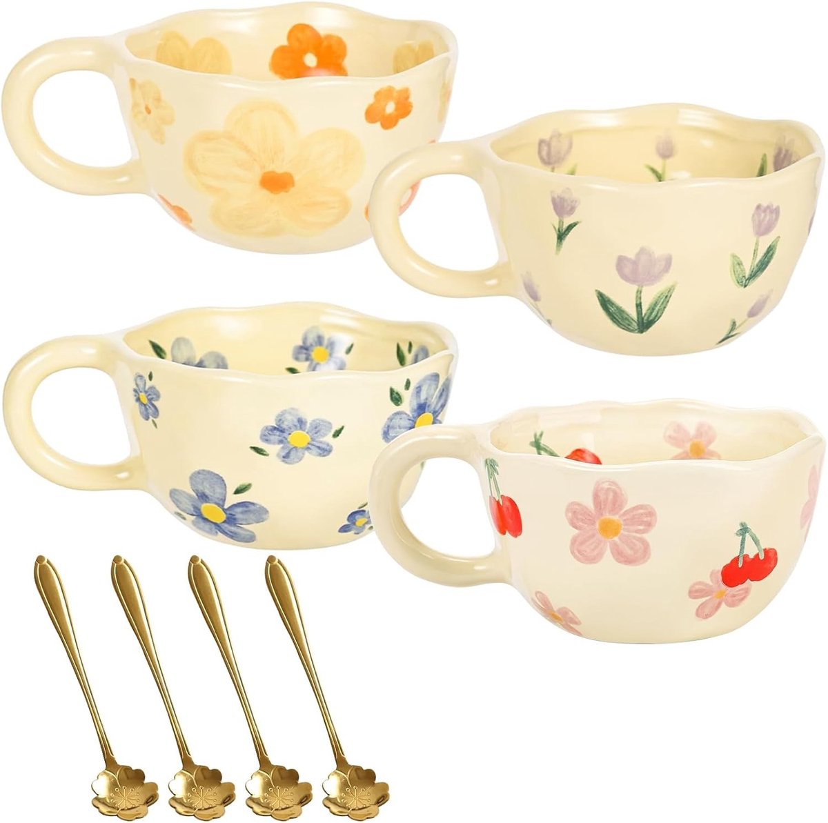 Set van 4 handgemaakte keramische theekoppen met bloemenmotief, unieke koffiekoppen voor melk, perfect als cadeau voor thuis en op kantoor