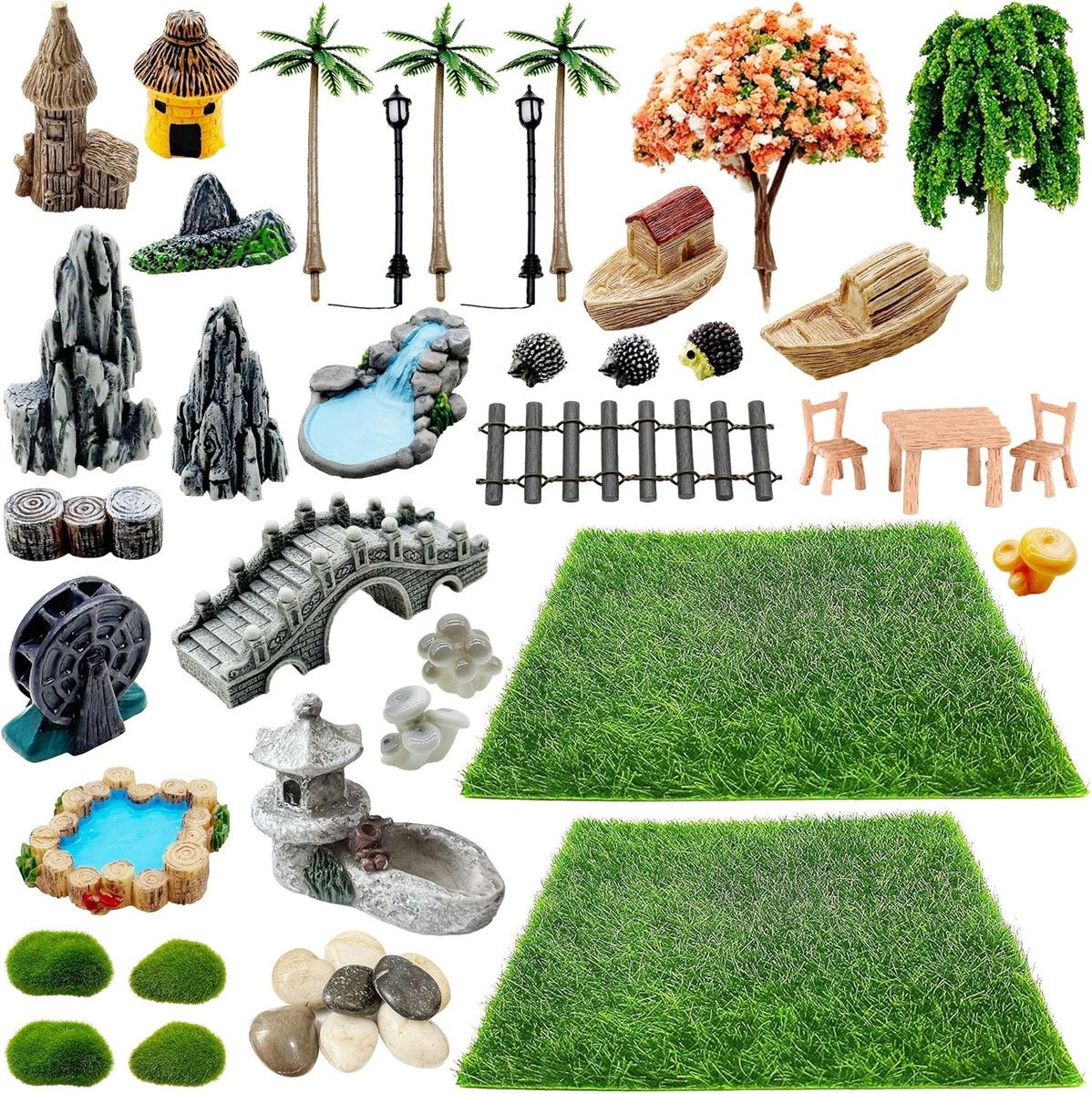 42 Stuks Miniatuurtuin Accessoires, Kunstgras Tuin Decoratie Set voor Diorama Projecten, DIY en Miniatuurdorp Decoratie
