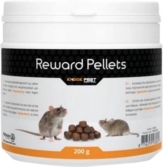 Witte pot met Reward Pellets, met afbeelding van twee muizen en een hoopje bruine pellets. 200 g.