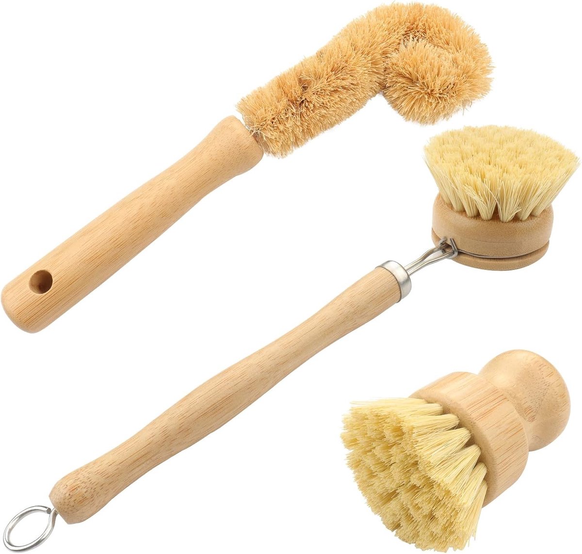 Natuurlijke afwasborstels set - 3 sets met plantaardige potborstels en kokosborstel voor groenten, eco-vriendelijk en ideaal voor keukens, pannen en kommen
