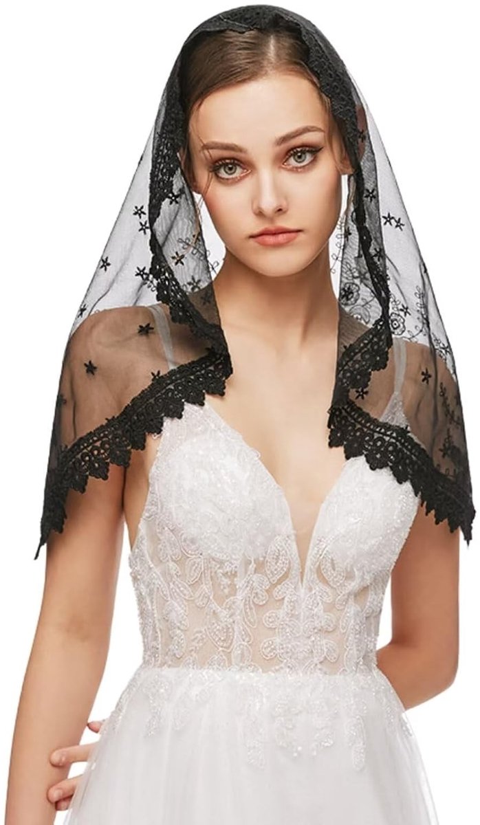 Traditionele Kant Mantilla Kapel Sluier voor Vrouwen, Geschikt voor Latijnse Mis en Hoofdbedekking, Zwart