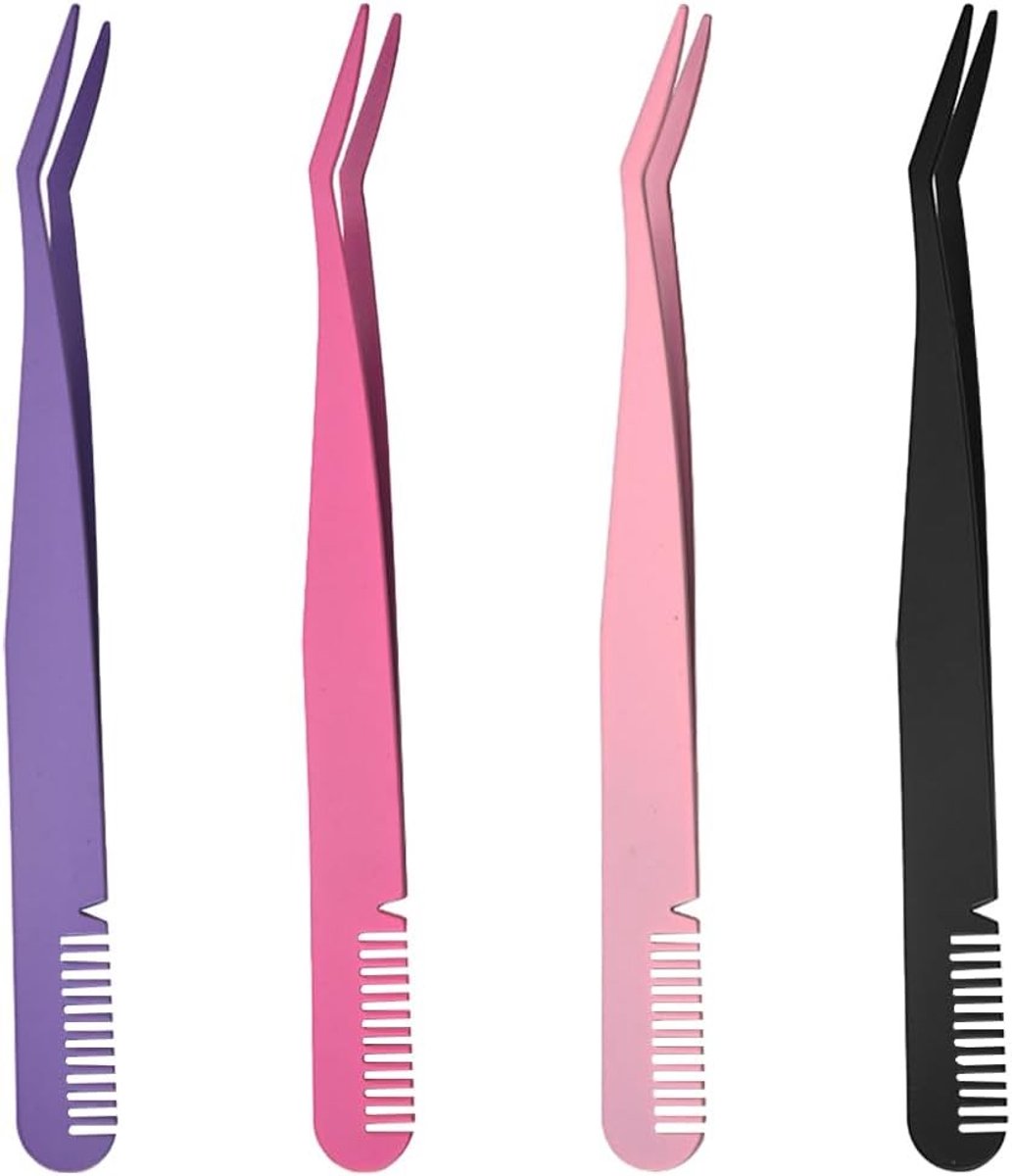 Set van 4 Eyelash Applicator Tools - RVS Wimper Extension Pincetten voor Nauwkeurige Toepassing van Cluster en Strip Wimpers