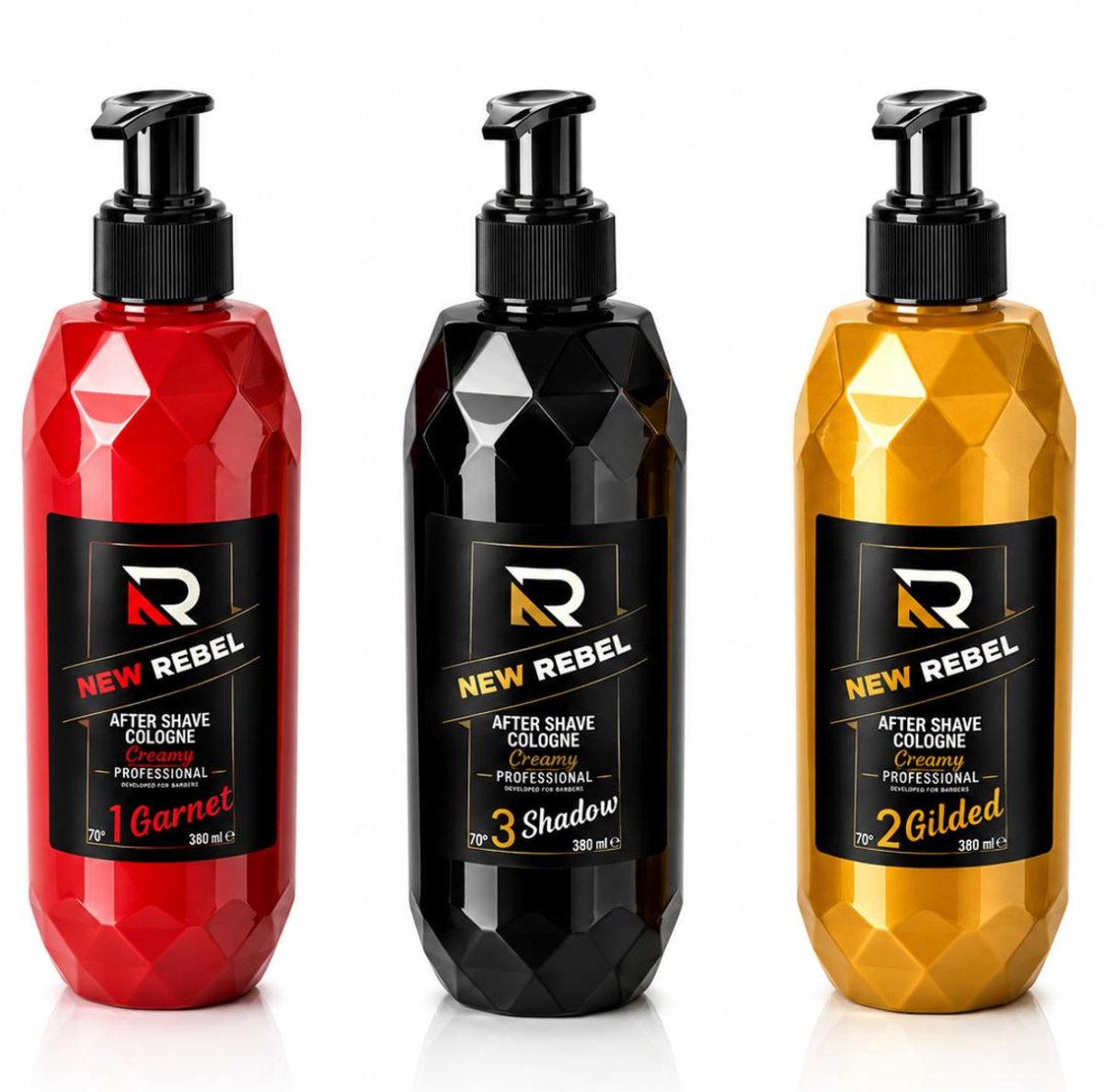 NEW REBEL Aftershave Cologne 3x 380 ml – Garnet No.1, Gilded No.2 & Shadow No.3 – After Shave voor Mannen – 1140 ml – Rood/Zwart/Goud