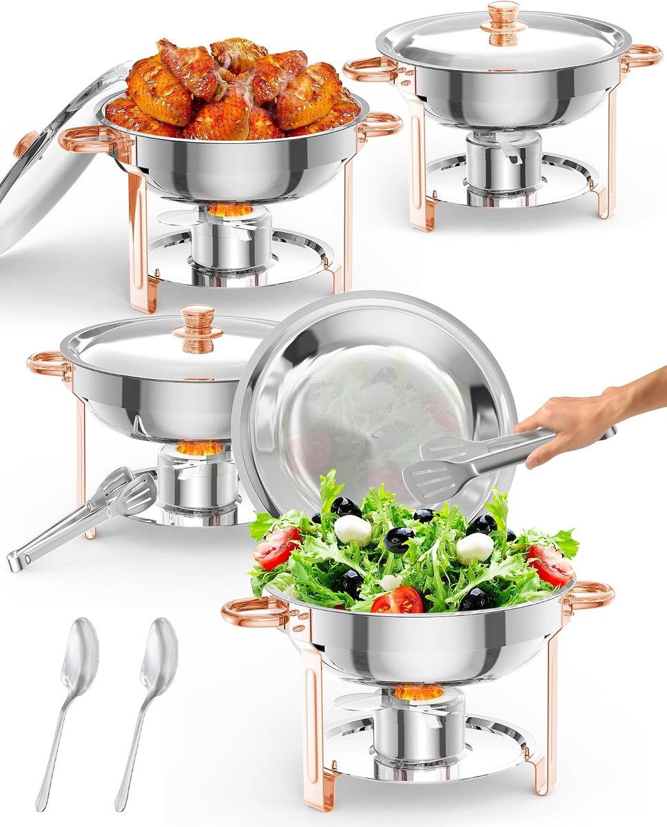 Chafing Dish Set van 4 - 5 Liter Ronde RVS Buffet Warmhouders - Roségoud - Inclusief Opscheplepel & Tang - Warmhoudschaal voor Catering, Bruiloft & Feest