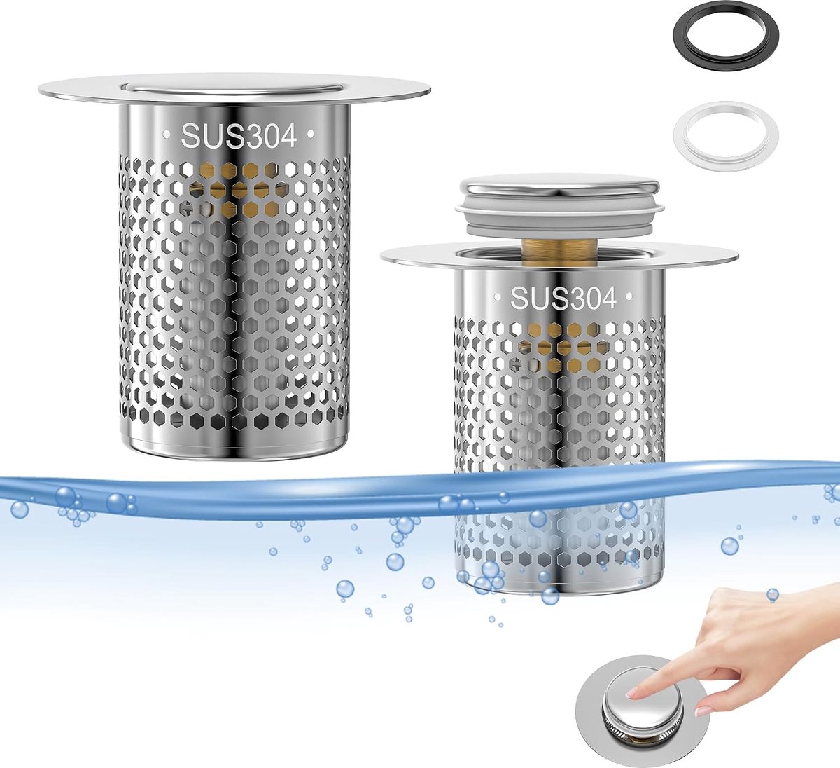 2-delige set - Afvoerset - Wastafelstop - Wastafelafvoerplug - Afvoerfilter - Pop-up afvoerstop - Roestvrij staal - Anti-verstopping - Geschikt voor badkamers, keukens, wastafels, enz. - Zilver