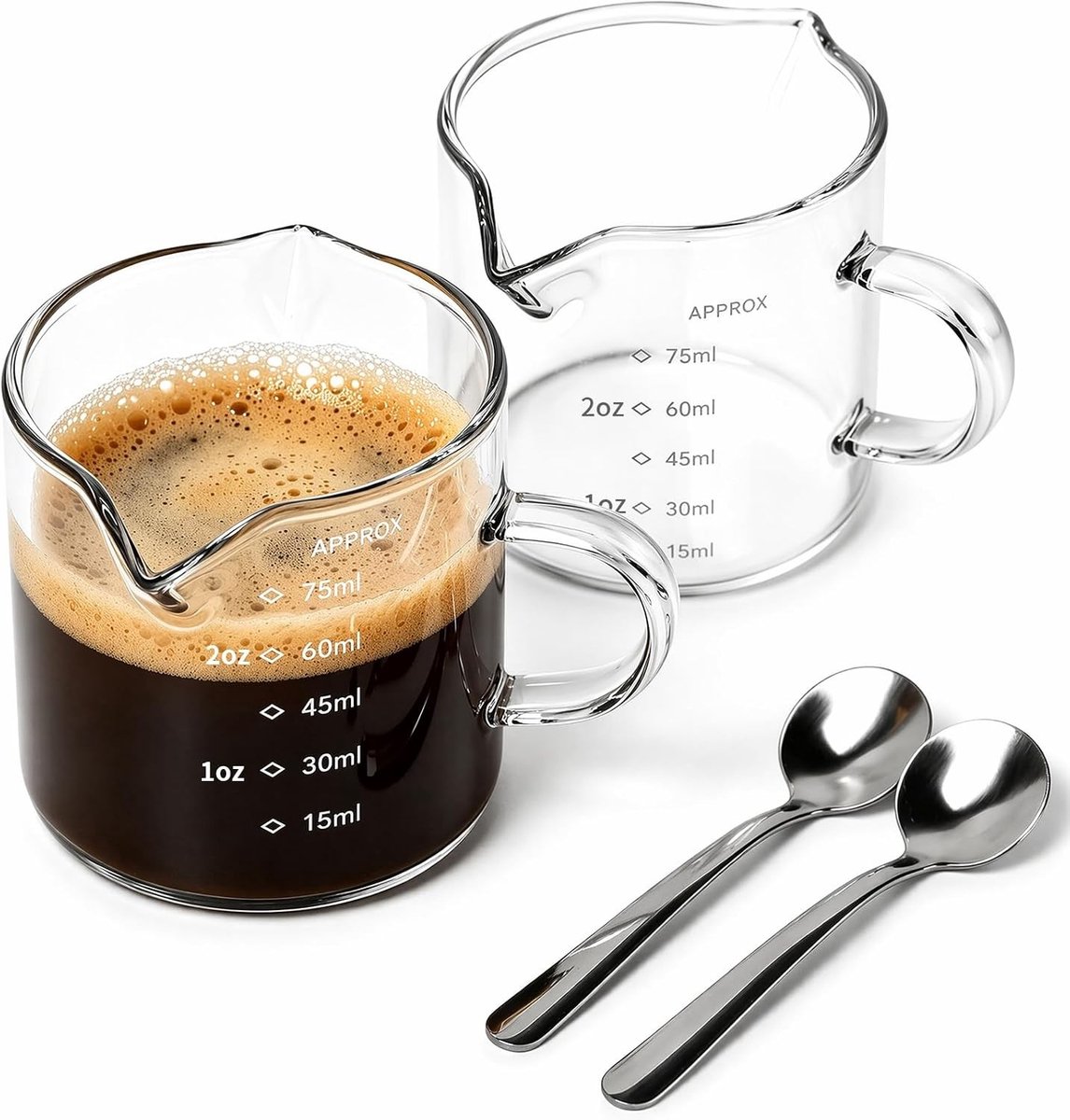 Set van 2 Dubbelwandige Glazen Espresso Kopjes 100 ml met Handvat, Melkkannetje en Maatbeker met Spout, Ideaal voor Koffie en Thee