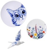 Heinen Delfts Blauw - Wanddecoratie set Kat & Vogel - Keramiek - Set van 3