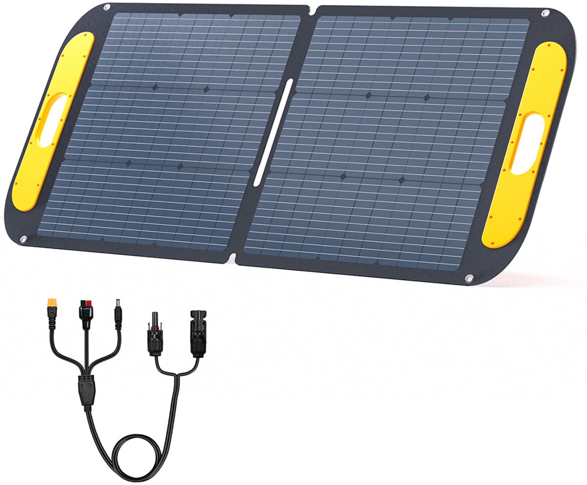 VTOMAN VS110 110W opvouwbaar zonnepaneel, 23% hoogrendements monokristallijne cellen, IP67 waterdicht ETFE-oppervlak, verstelbare standaard, MC4-connector voor draagbare stroomstations