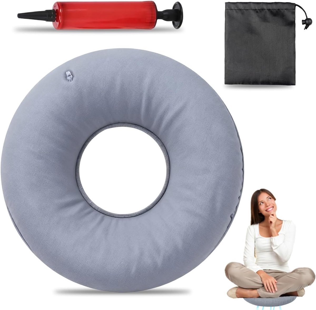 Opblaasbaar zitkussen voor aambeien en stuitbeenpijn, comfortabel donutkussen met opvangzak en pomp, zitring voor herstel na operatie