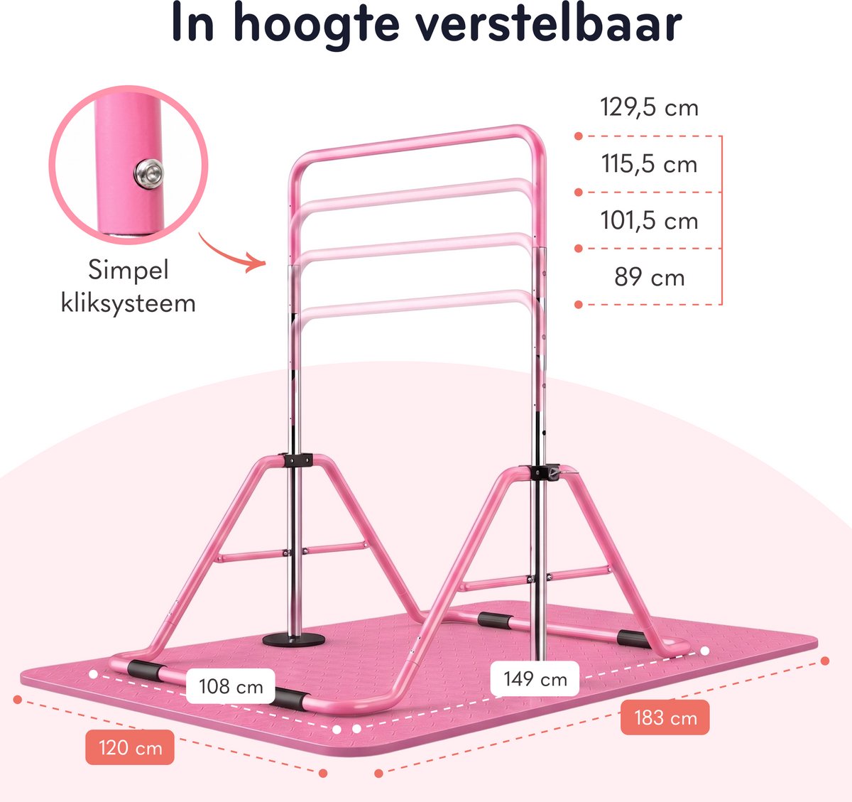 Jespro Inklapbaar Turnrek - Incl. Beschermmat en Ringen - Klimrek - Verstelbaar in 4 hoogtes - Rekstok - Duikelrek - Kinderen - Peuter - Voor buiten en binnen - Klimboog - Roze — afbeelding 4