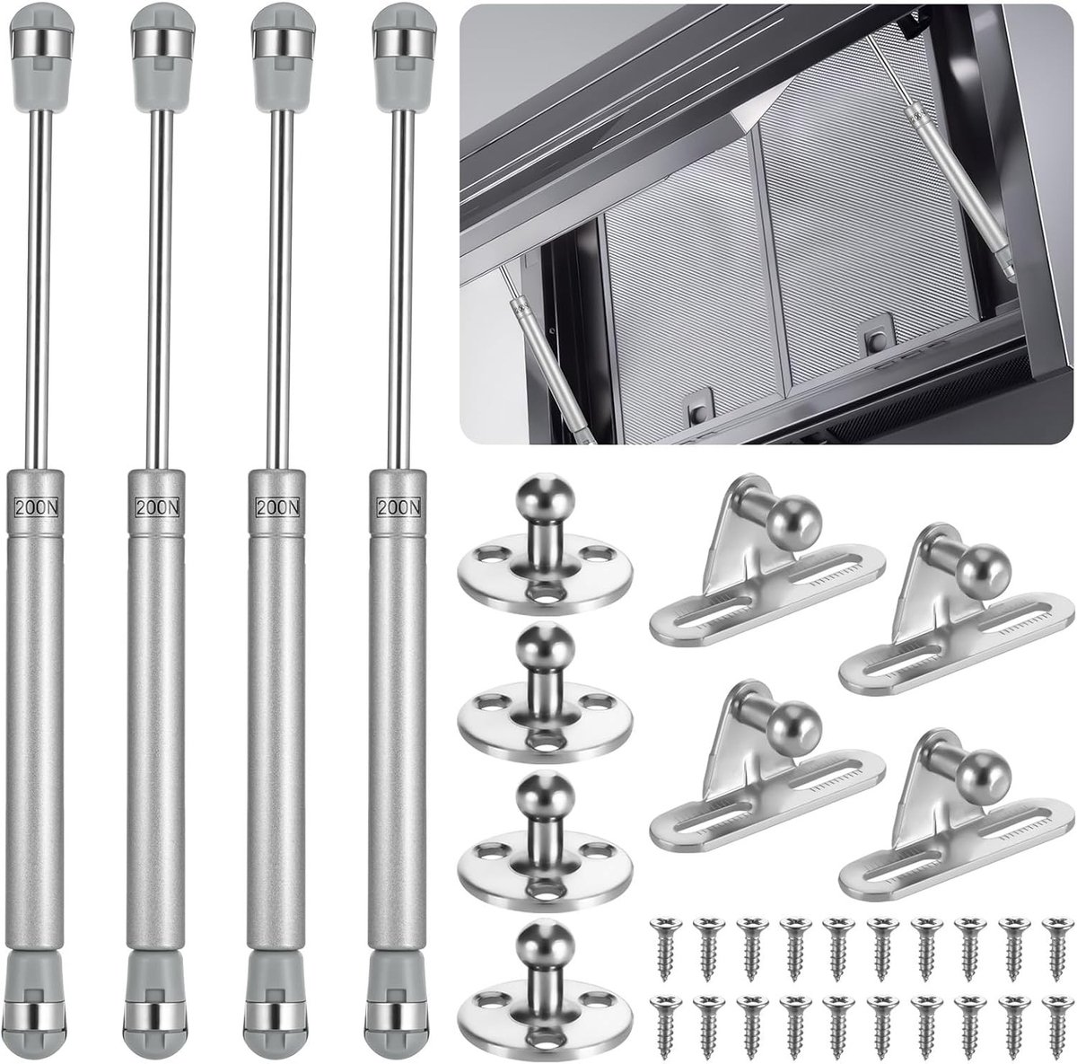 4 Stuks Hydraulische Gasdrukdemper 200 N/20 kg voor Keukenkast Deuren, Schokdemper voor Kasten, Demping en Zacht Sluiten van Kasten en Speelgoeddozen