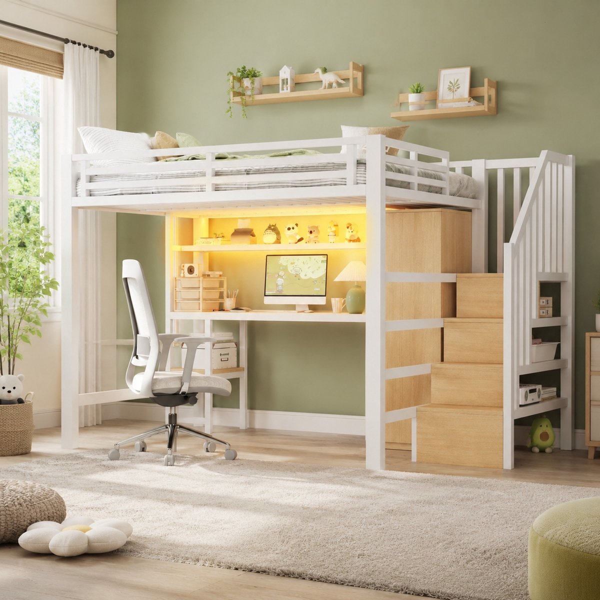 COVREO Hoogslaper met bureau – 140x200 cm – Metalen bed met kledingkast – voor studie en opbergruimte – Wit - zonder matras