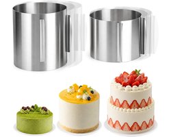 Verstelbare ronde taartsjabloon set van 2, hoogtes 20 cm en 15 cm, roestvrij staal, bakring met aanpasbare diameter 16-30 cm, ideaal voor taarten en desserts