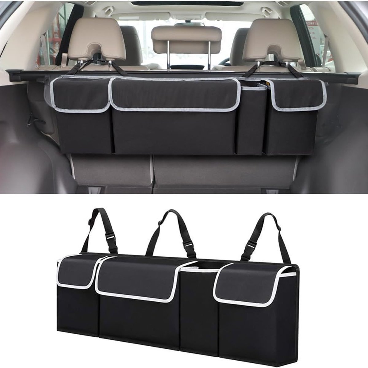 Kofferbakorganizer, opvouwbare waterdichte kofferbakorganizer met 4 vakken, auto-organizer van Oxford-stof, auto-interieuraccessoires voor SUV's, trucks, 90 x 12 inch (25 x 25 cm)