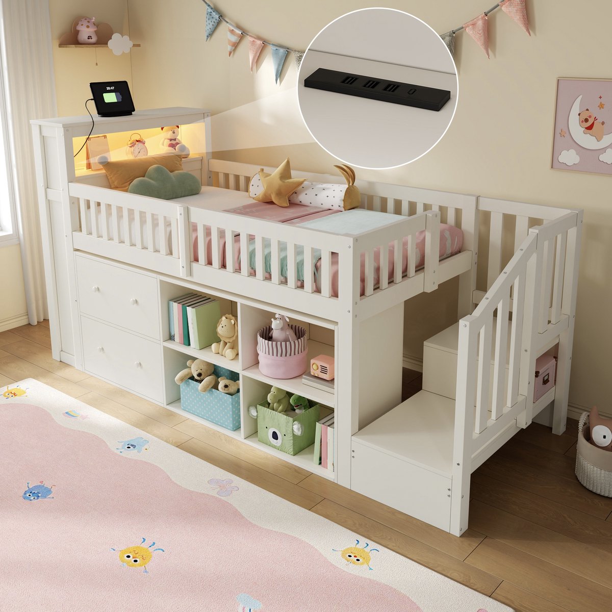 Halfhoogslaper 90 x 200 Cm - Met Lade En Opbergvakken - Met Trapkast En Led Verlichting - Kinderbed - Hout En Mdf - Wit - Zonder Matras