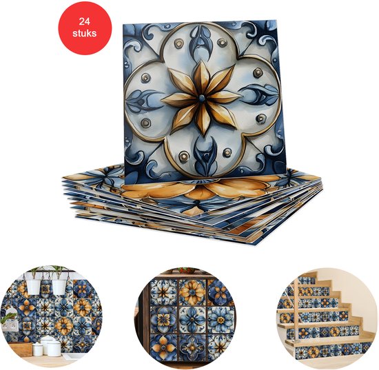 Set van 24 blauwe en gele 3D-tegelstickers met bloemenpatroon. Toont ook toepassingen in keuken, badkamer en op trappen.