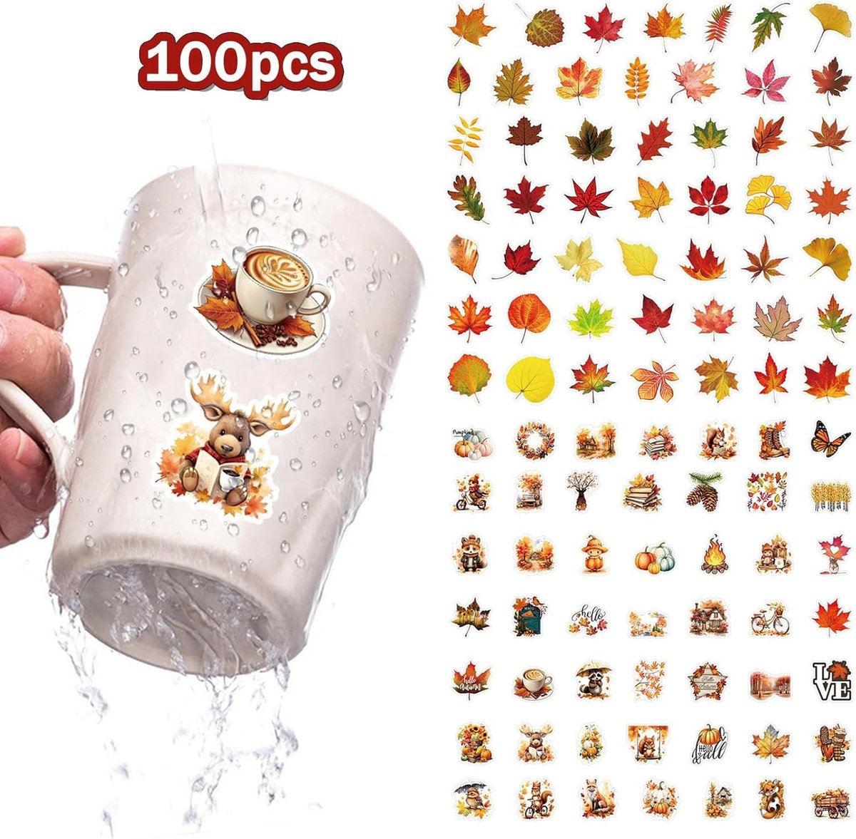 Herfst Scrapbook Stickers Set met 100 Stuks, Inclusief Eikenbladeren, Pompoenen en Dieren voor Laptop, Auto, Skateboard en Waterfles