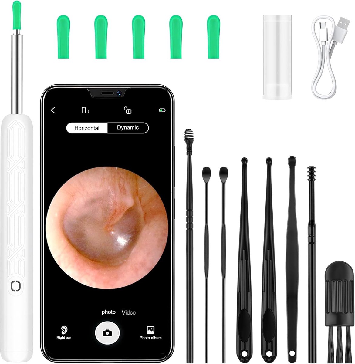 Oorsmeer verwijderingsset, 1080P HD WiFi Ohrenreiniger met camera en 6 LED's Leuchten, IPX5 Wasserdicht Ohrenspiegel, Ohr Reinigung voor Baby Kinder Erwachsene, Geschikt voor i-Phone Android (Wit)