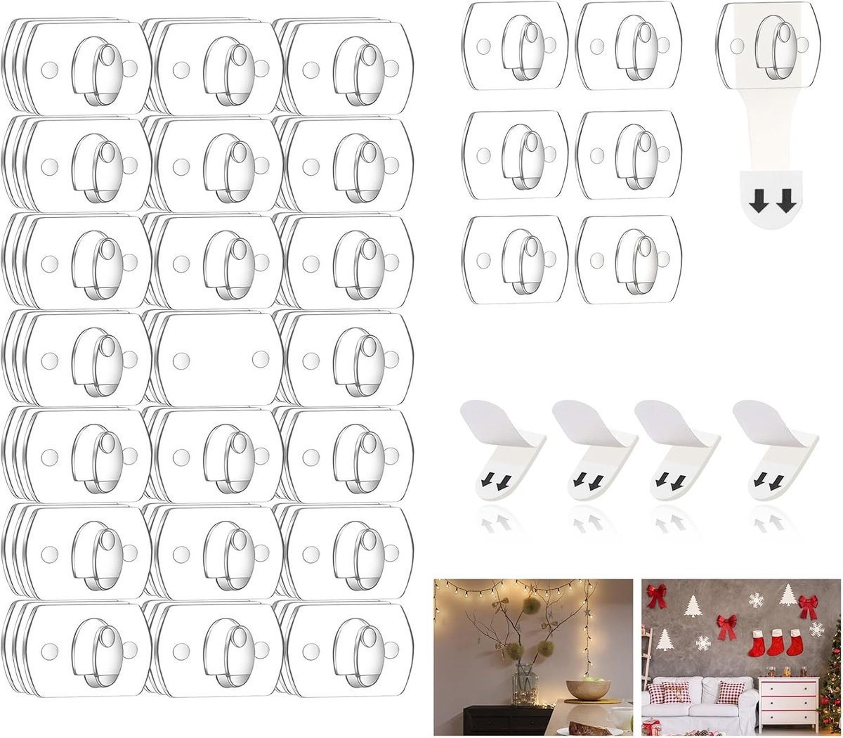 Set van 3 Mini Decoratieclips, 60 Transparante Clips en 60 Strips, Multifunctionele Plakhaakjes voor Binnen en Buiten, Ideaal voor Versiering en Sfeerverlichting
