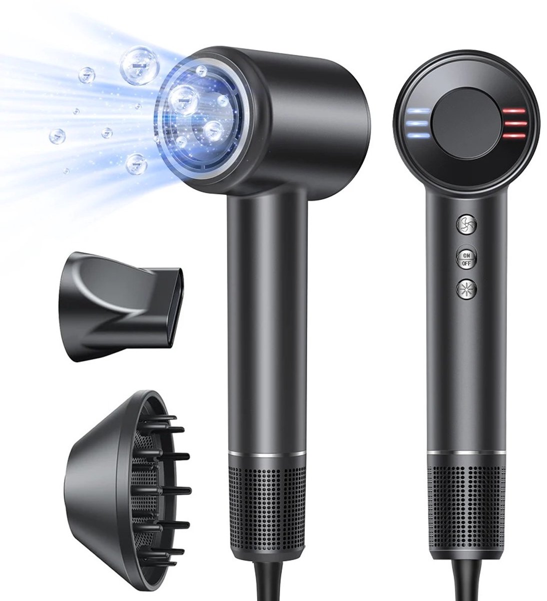 ITRONIQ Föhn 1500W – Professionele Haardroger 120.000 RPM – Ionische Föhn met Diffuser – 4 Temperaturen – 3 Snelheden – Zwart