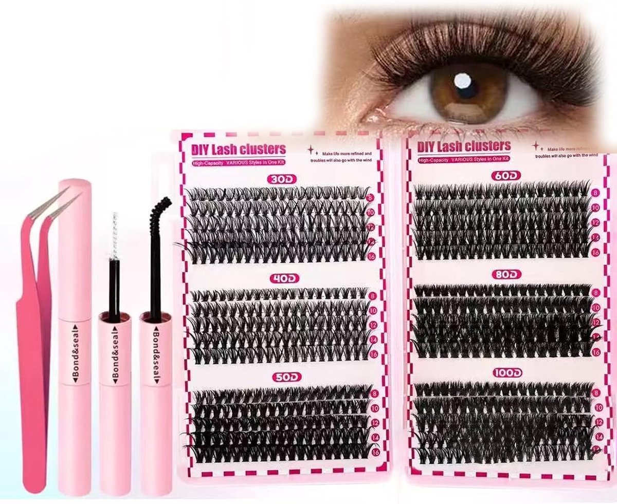 Fluffy Wimperextensions Set met 600 Stuks - Russische D Curl Cluster en Individuele Wimpers, 30D-100D (8-16 mm), Inclusief Bind- en Sealproducten voor Professionals