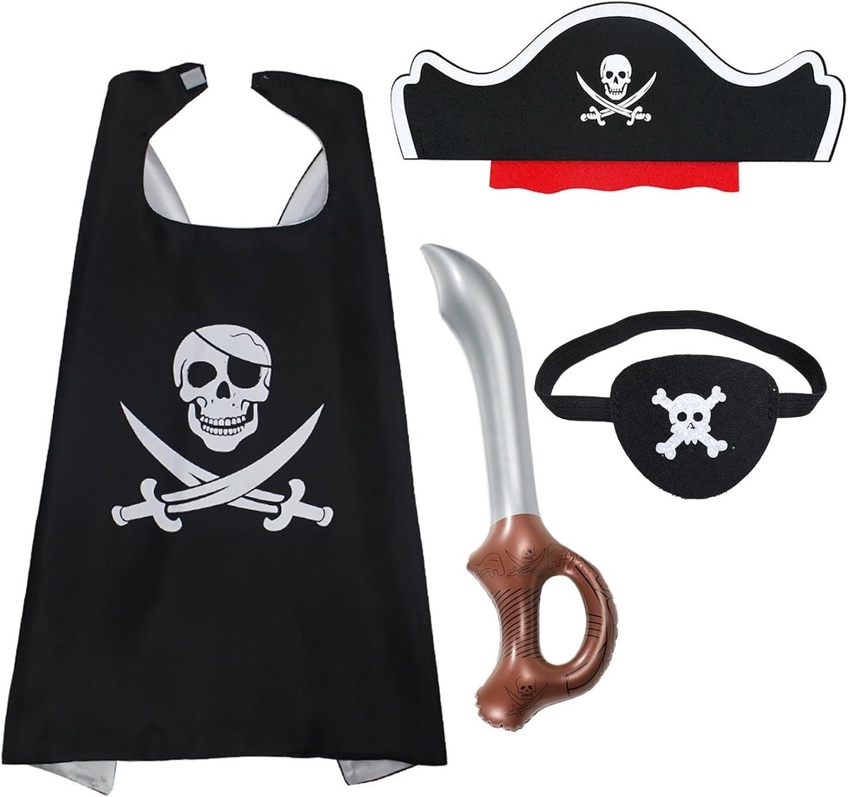 Piratenkostuum voor Kinderen met Piratenhoed, Ooglapjes, Opblaaszwaard en Accessoires voor Carnaval, Leeftijd 4-10 Jaar