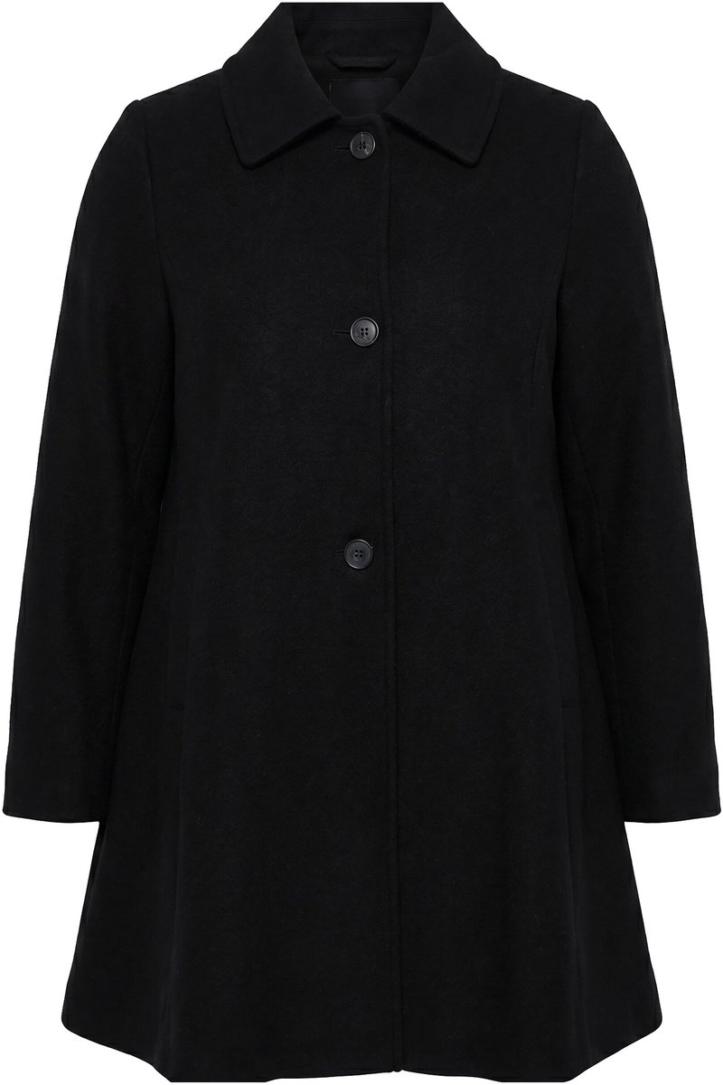 Ulla Popken - Dames - Mantel wollen look A-lijn overhemdkraag - Zwart - Maat 58+