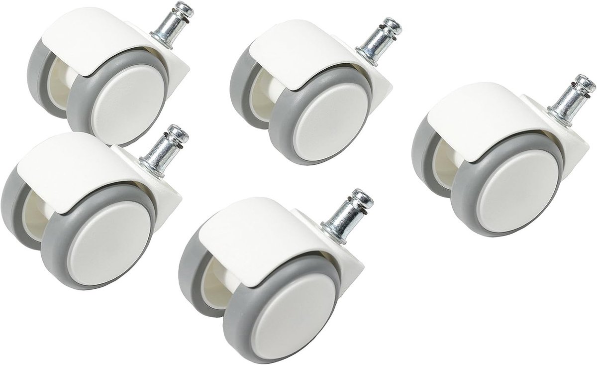 Bureaustoel - Wit/Grijs - Roldiameter 50 mm, Pendiameter 10 mm - Kunststof Rollen voor Harde Vloeren - Set van 5