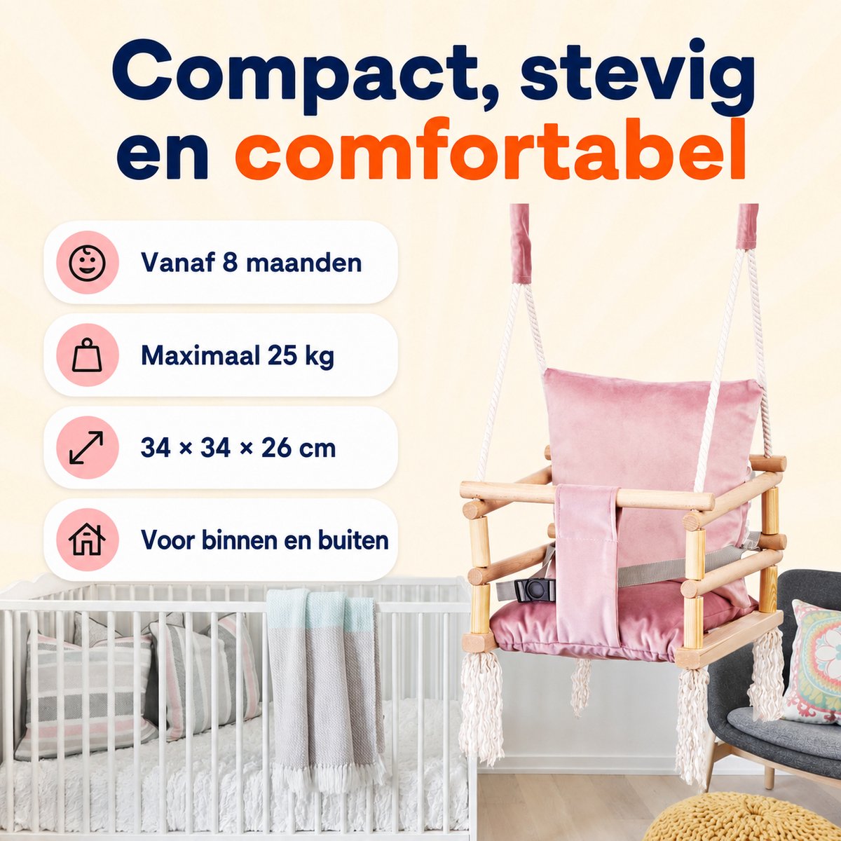 Trendmix Babyschommel Roze 3-in-1 – Houten Meegroei Kinderschommel – Vanaf 8 Maanden – Inclusief Ophanghaken – Tot 25 kg — afbeelding 7