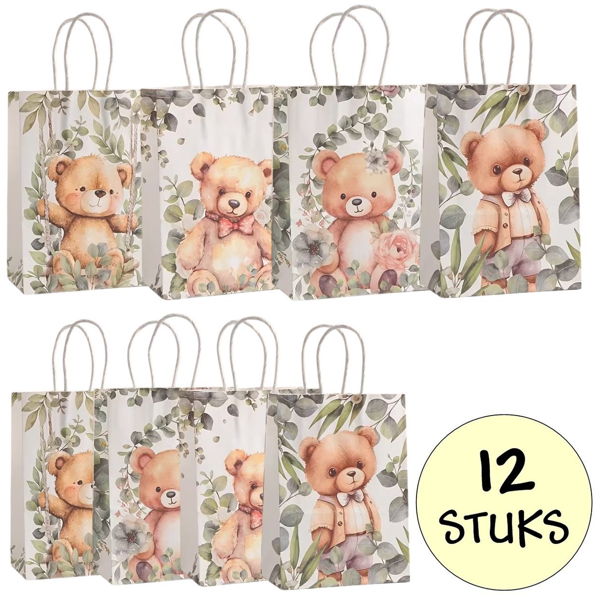 12x Papieren Uitdeeltasjes Beertjes - 15x8x21cm - Stevig Papier - Traktatie Zakjes - Papieren Tasjes - Cadeau Zakjes - Uitdeelzakjes - 4 Verschillende Beren - Kraftpapier - 12 Stuks