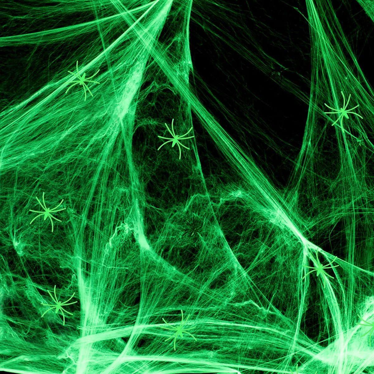 KZQ Halloween decoratie – Glow-in-the-dark spinnenweb – Zeer rekbaar, realistisch spinnenweb – Inclusief 100 plastic spinnen – Geschikt voor Halloween-decoratie binnen en buiten – Groen