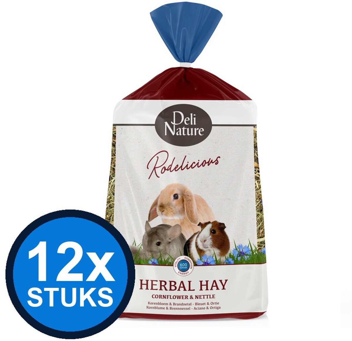 12x Deli Nature Rodelicious Kruidenhooi Korenbloem & Brandnetel - Knaagdierhooi - 600g