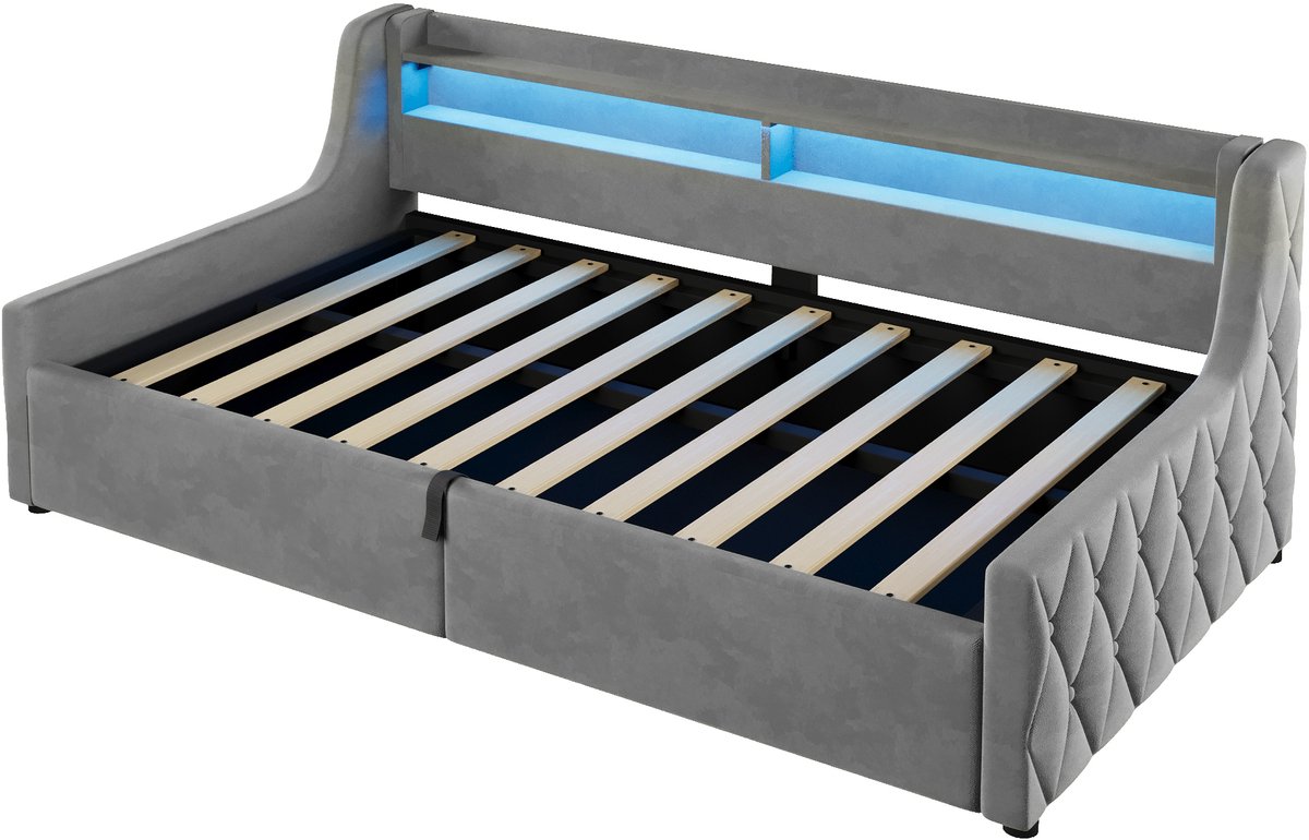 WUVRIE bed 90x200 cm met LED-kopteil, opbergruimte en stoffen bekleding, grijs