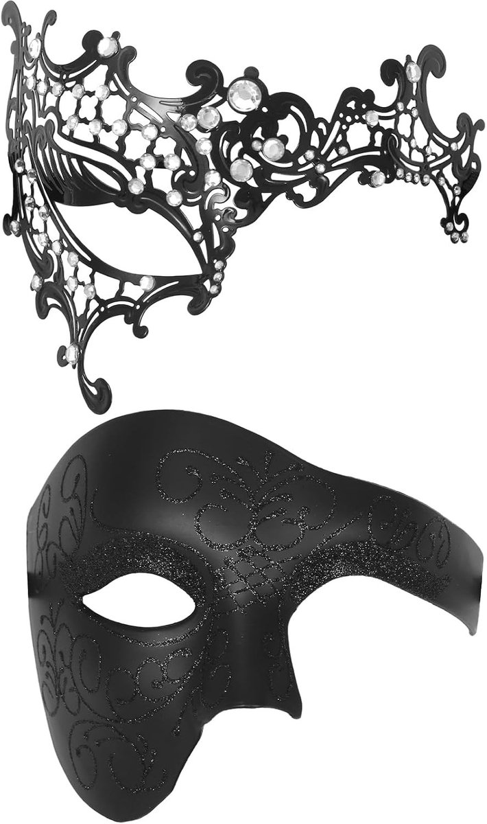 2 Stuks Venetiaans Masker Set: Zwart Halfmasker voor Halloween, Carnaval en Cosplay Feestjes met Elegante Witte Accenten voor Dames en Heren