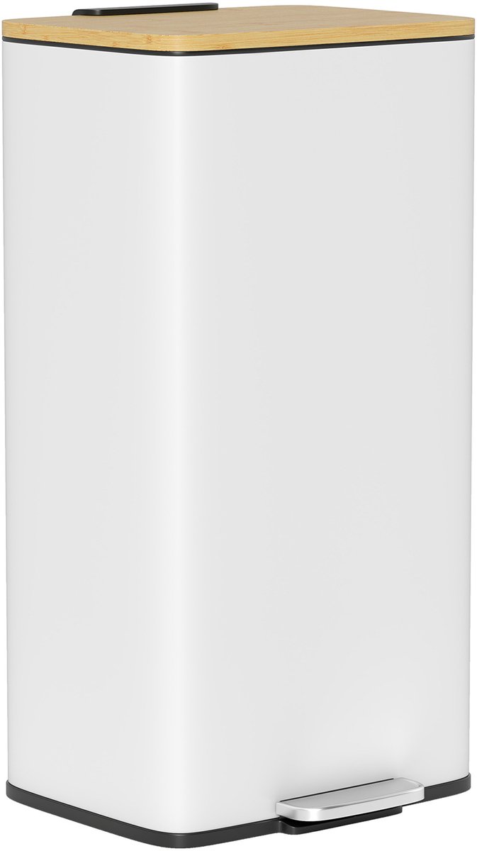 Keukenafvalbak van 20 liter - met voetpedaal - bamboe deksel met softclose - functie - uitneembare binnenemmer - wit