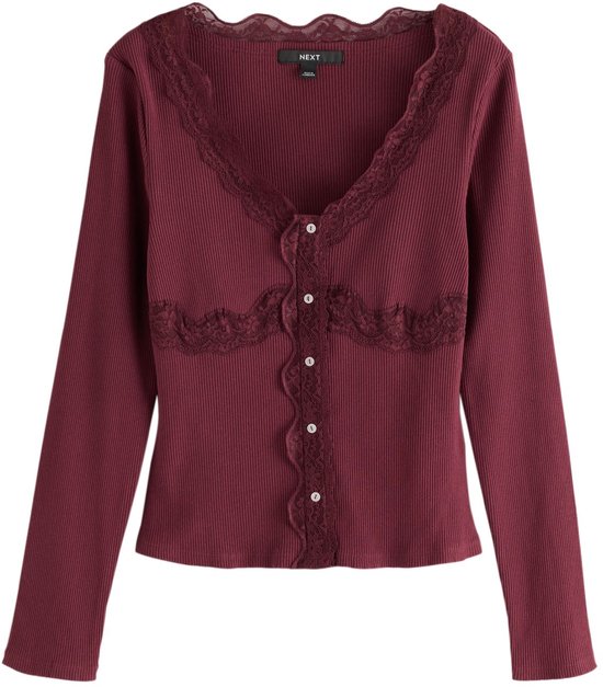 Next - Dames - Geribbelde top met V-hals, lange mouwen en kanten rand - Rood