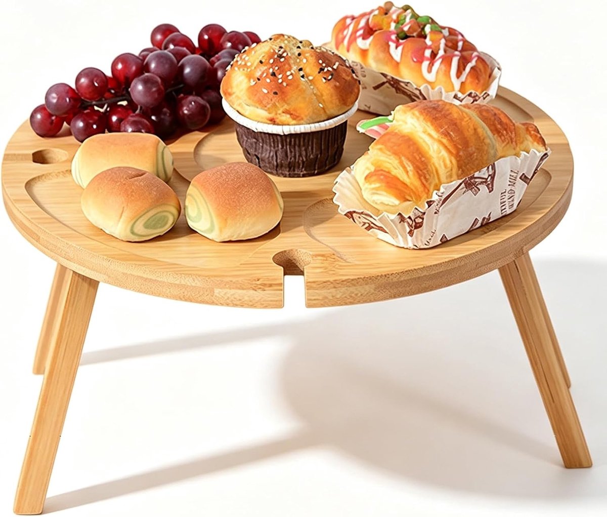 Vouwbare Houten Picknicktafel met Rode Wijnglashouder - Draagbare Tafel voor Tuin, Camping en Picknick - 30 x 30 x 16 cm van Bamboe