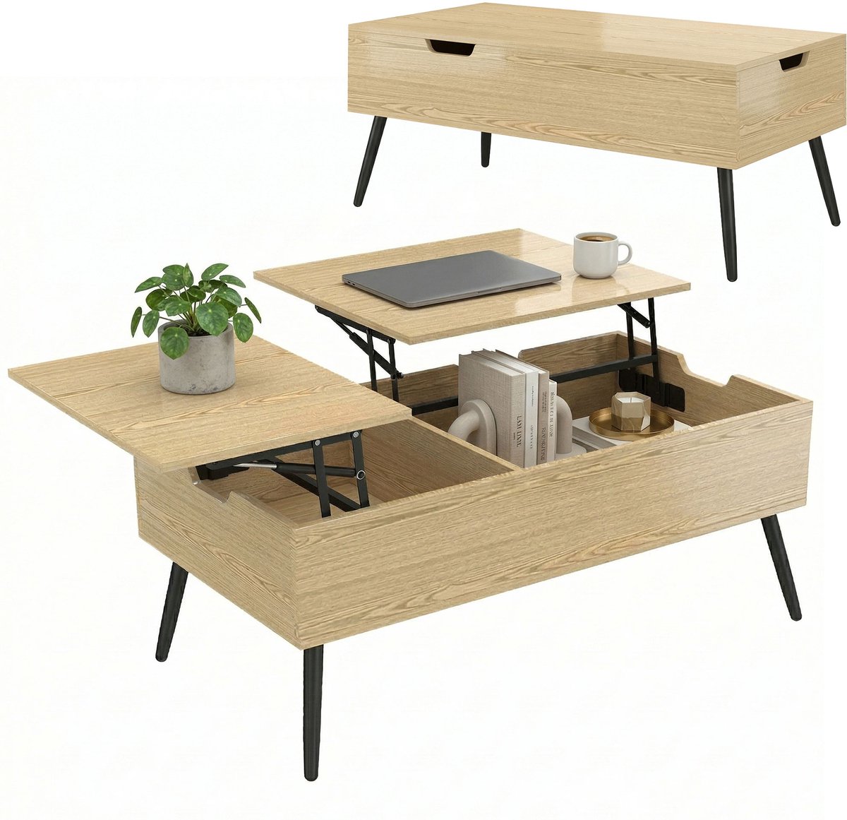 Salontafel met opklapbaar blad en dubbel blad - met verborgen opbergvak en metalen poten - naturel hout
