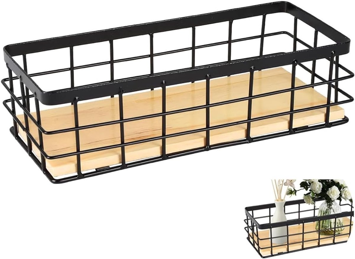 Decoratieve metalen mand voor wandopslag - Zwart, geschikt voor badkamer, keuken en woonkamer - Ideaal voor fruit, snacks en huishoudelijke artikelen (1 stuk)