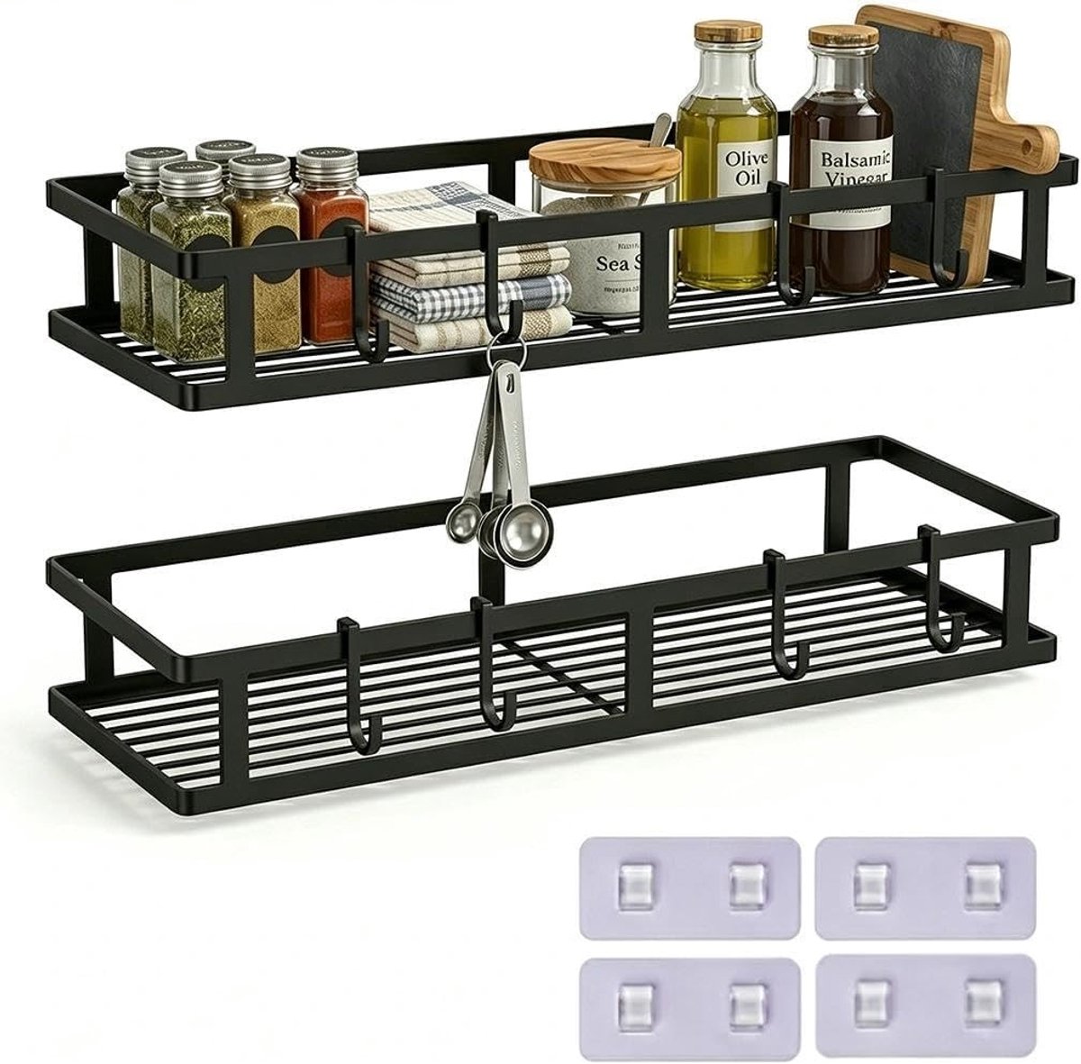 Hanging Kruidenset 2-Pack - Muurbevestigde Organizer voor Keuken, Badkamer en Balkon zonder Boren, Inclusief Haken voor Gemakkelijk Gebruik