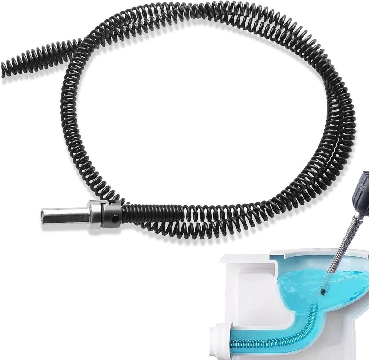 Afvoerpijp reinigingsspiraal Ø 10 mm x 1 m - Ontstopper voor afvoerbuizen met universele boorkop - Inclusief elektrische adapters voor toiletten en sanitair