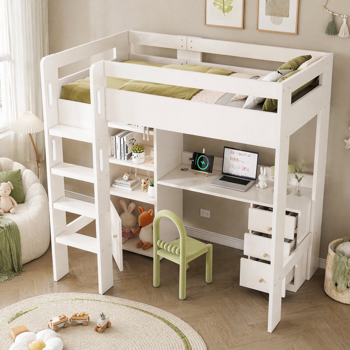 COVREO Hoogslaper met bureau en opbergruimte – 206x108x175 cm – Bed met trap en lattenbodem – voor kinderen – Wit - zonder matras
