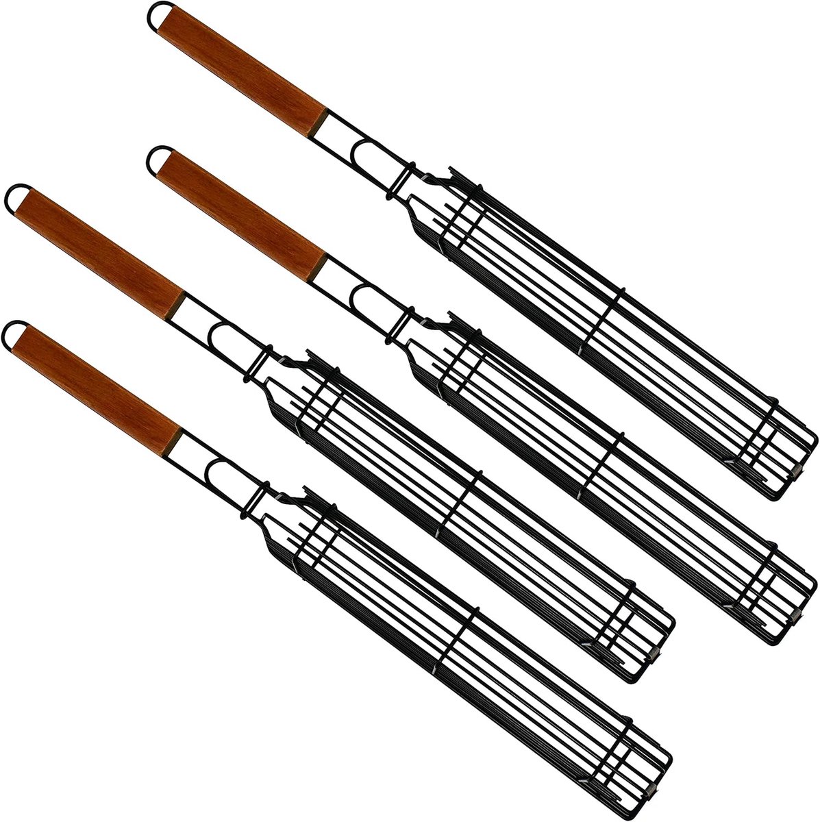 RVS Grillmand - BBQ Grillrek met Houten Handgreep - Voor Vlees, Vis en Groenten - 27 x 5 x 4 cm - 4 stuks